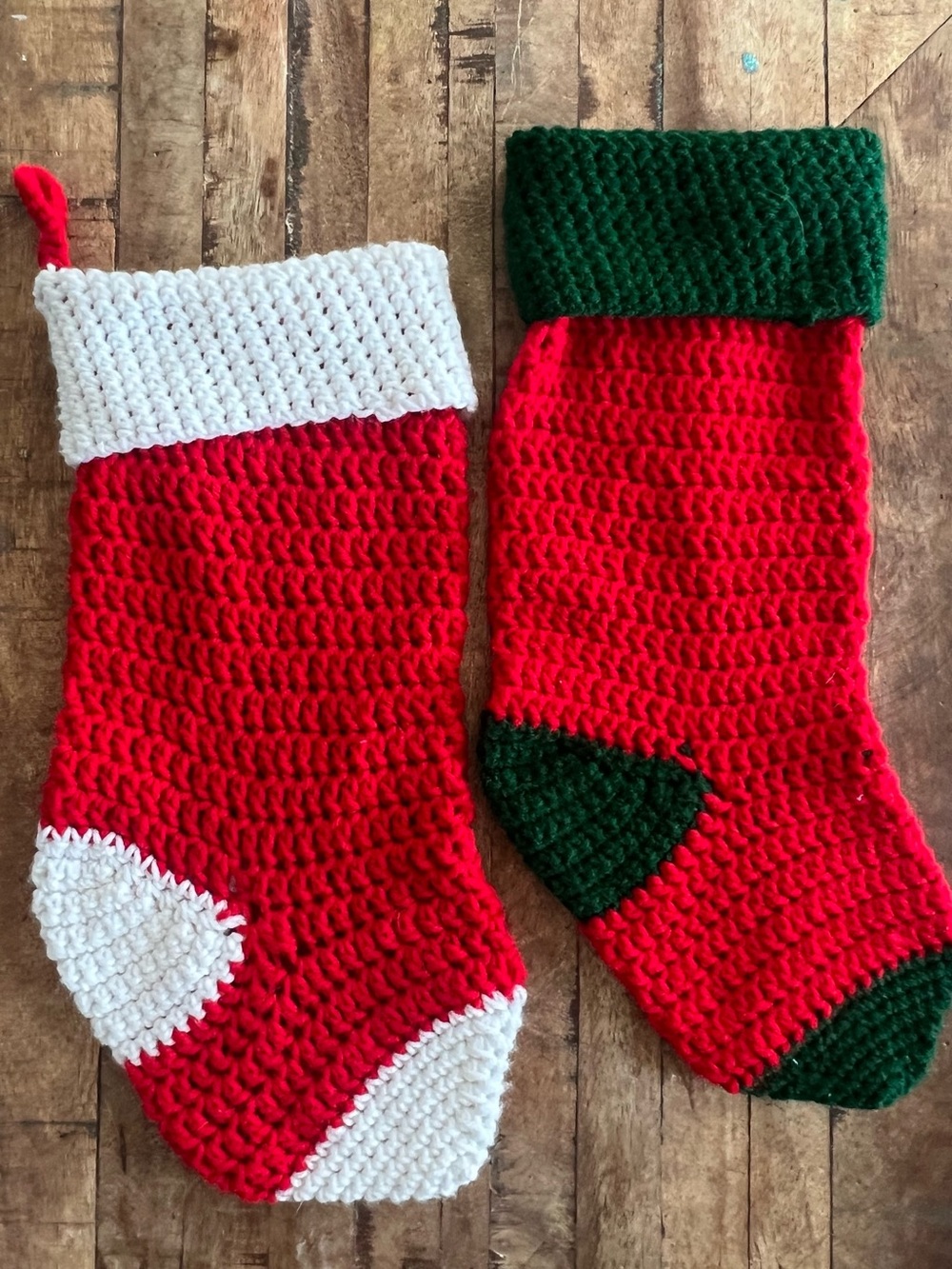 2 Vintage Cottagecore Handmade 17” Crocheted Christmas Stockings Red White Green
